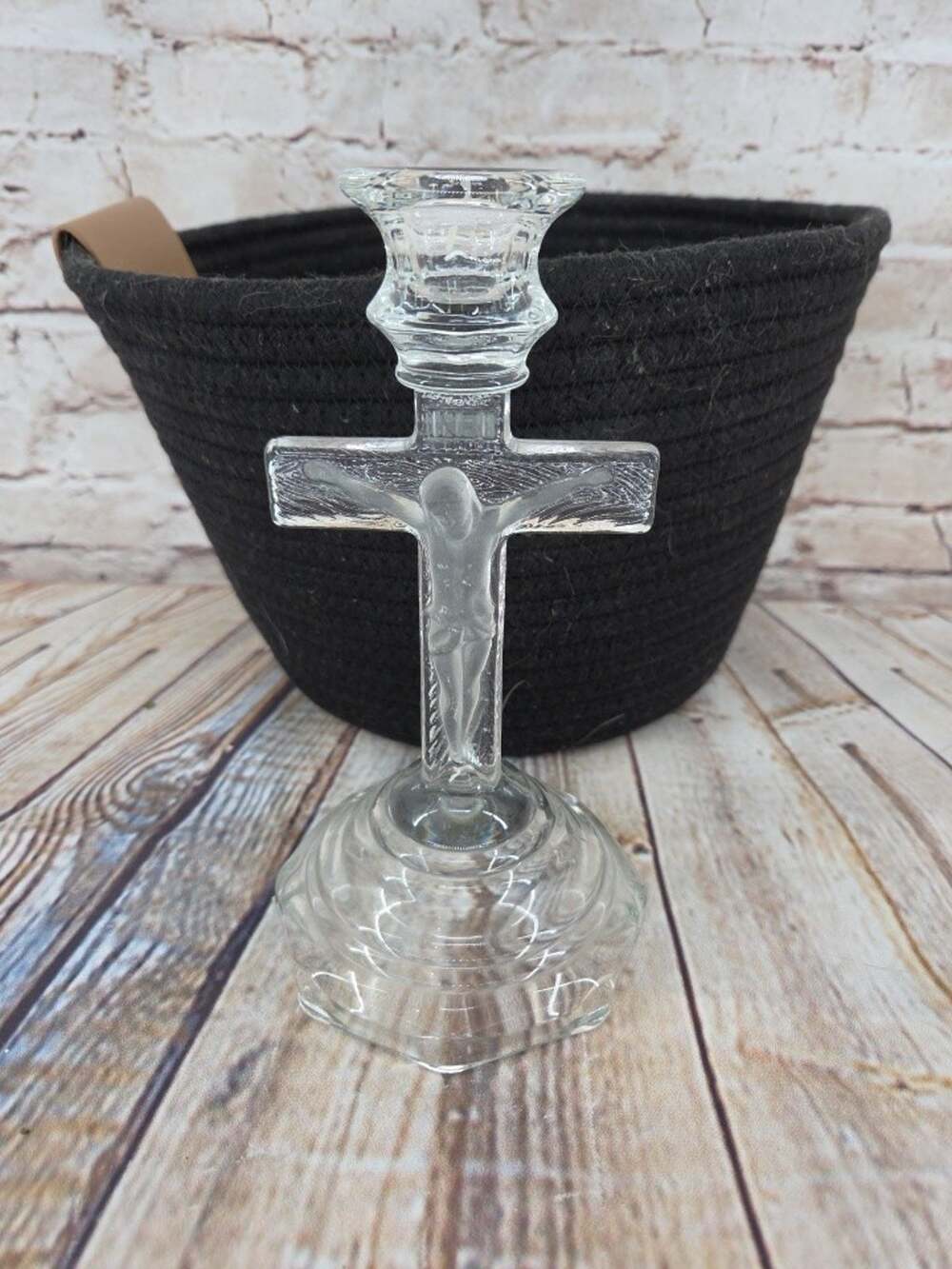 Vintage INRI Glass 7 1/2 Inches Tall Christ Crucifix Candlestick Candle Holder